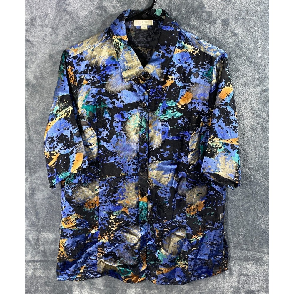 Erin London Button Up Shirt Medium Blue Black Abstract Sheer Blouse Artsy Boho